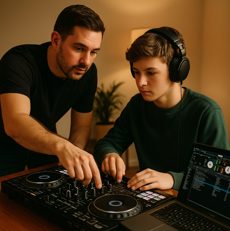 Teen DJ Lessons Teen Kid receiving dj lessons alongside instructor.