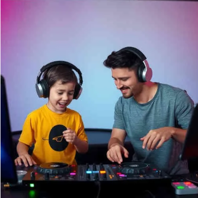 DJ lessons for Kids Kid receiving dj lessons from instructor.